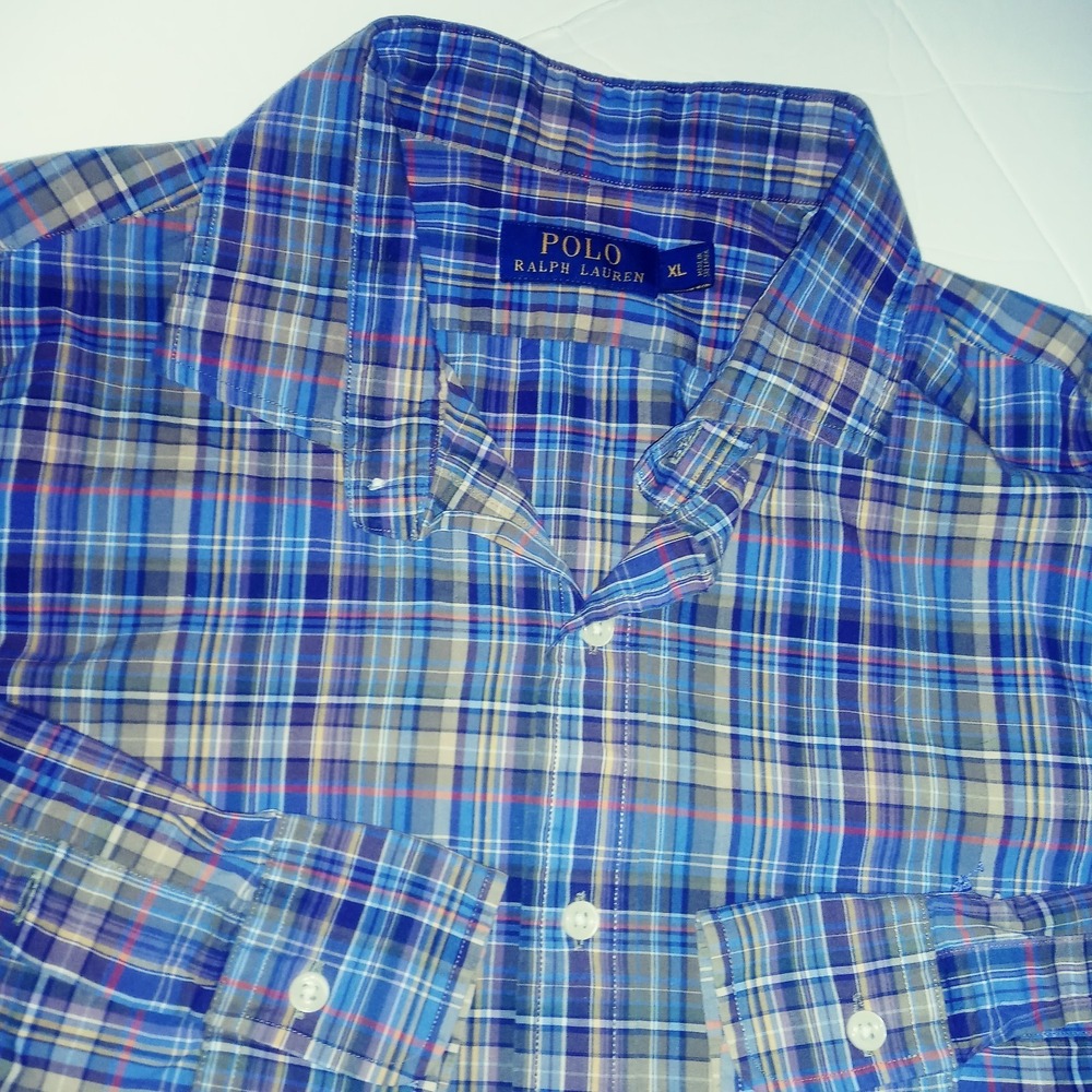Ralph Lauren Shirt Men's XL Plaid Blue Label Button Down 100% Cotton Lightweight